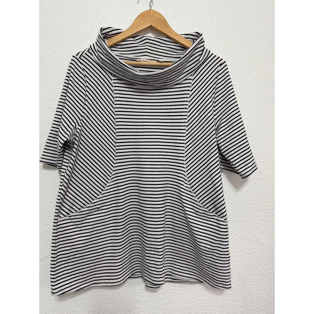 Soft Surroundings Womens Black White Striped Cowl Neck Pocket Tunic Top Large L